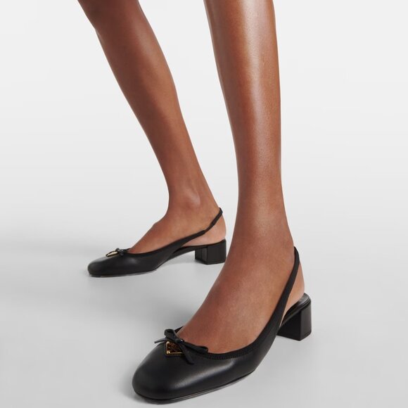 PRADA Triangle Logo Bow Leather Slingback Ballerina Pumps Heels Sandals - Picture 5 of 16